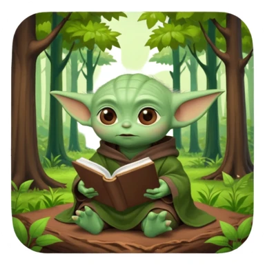 Baby Yoda con su tunica chocolate leyendo en un bosque sticker
