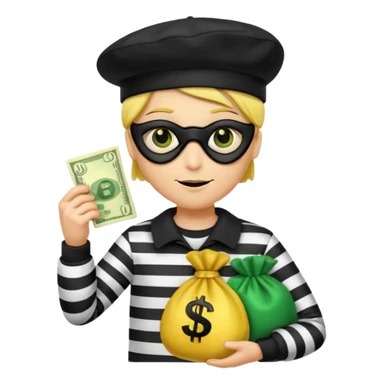Create a high-quality emoji-style illustration of a cartoon thief character. The character should have a yellow face, wearing a black eye mask and a black beret. He is dressed in a black-and-white striped shirt. In one hand, he's holding a golden money bag with a green dollar sign on it.  sticker