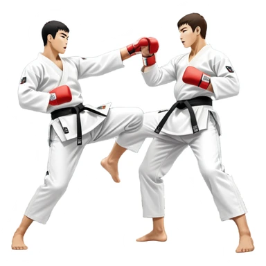 Two taekwondo fighters in traditional white doboks with black belts. One delivers a powerful kick, while the other defends by blocking with his knee. The background shows a professional arena with bright lights and an excited crowd. Transparent background highlights the intense action sticker