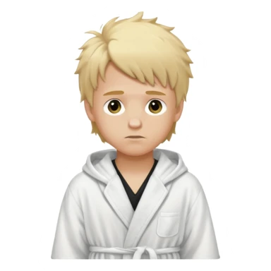 Create a blond boy with long, messy hair, light eyes, a white t-shirt, rich, with long hair, blue eyes, medium-length, voluminous hair, wearing a black Nike bathrobe and a little blush near his nose. sticker