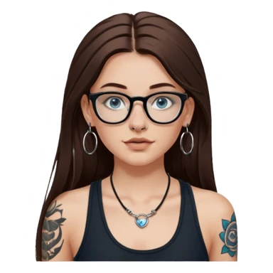 WHITE girl with long brown hair, part going more to the RIGHT side, BLUE eyes, wearing BLACK rectangle plastic frame glasses. SEPTUM nose piercing hoop (at bottom of nose) AND stud nose piercing on right side of nose. Wearing BLACK tank top. Arm tattoos. Hoop earrings sticker