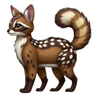 Colorful dark realistic chocolate-brown tropical beige fur glorious divine exotic cute cool beautiful shiny beautiful fantasy-Furret-Eevee-caracal-civet-genet-sergal-vernid-Cacomistle-oncilla-animal-Fakémon-hybrid-fursona with white deer-spots pattern markings (full body) sticker