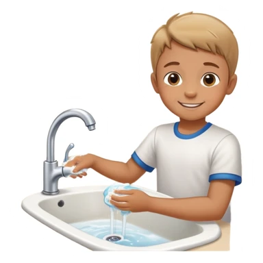 child washing hands at a sink, smiling, food on table in background sticker