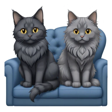 A black smoke Maine Coon cat with long gray ear tufts and a large gray ruff, and a thick blue British Shorthair cat, sitting together on a couch. A cozy room with flowers in the background. Transparent background. sticker