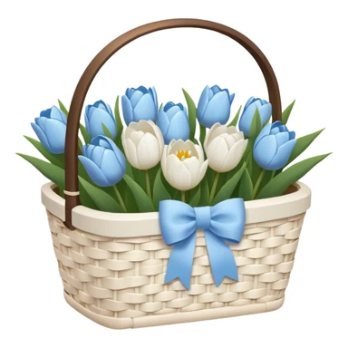 A white Picnic basket with pastel blue bow, white peonie, tulips sticker