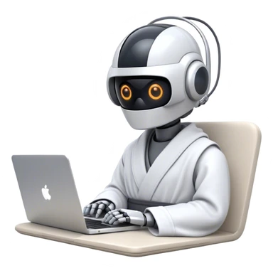 Emoji of a remote-working robot in a cozy smooth bathrobe with a laptop. The robot has a sleek helmet-like head with glowing digital eyes. Relaxed yet high-tech vibe. sticker