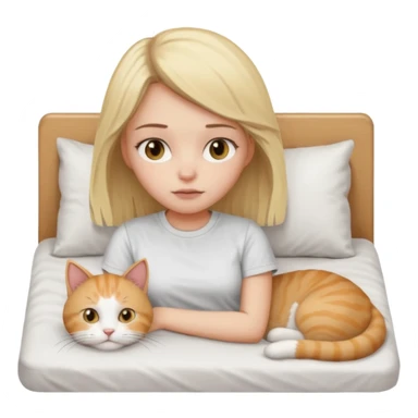 They recreate a photo of a blonde girl with light brown eyes, lying in bed sick with the flu, with her cat nearby. sticker