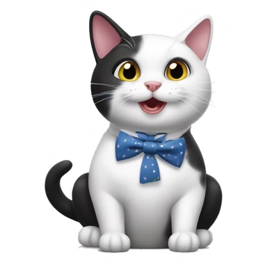 a silly black and white cat, female, with a silly bowtie, crunching some treats sticker