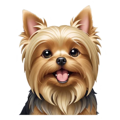 Cinematic Cute Yawning Yorkshire Terrier Portrait Emoji, Head tilted with a playful, drowsy expression and droopy, adorable eyes, featuring a soft, well-groomed fur in rich hues, simplified yet irresistibly endearing, highly detailed, glowing with a warm, cozy radiance, high shine, exuding a relaxed yet spunky charm, styled with a gentle, soft glowing outline, capturing the essence of a Yorkshire Terrier mid-yawn that seems as if it could cuddle right off the screen! sticker