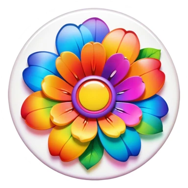 A round psychedelic colored button with a large rainbow colored flower in the center sticker