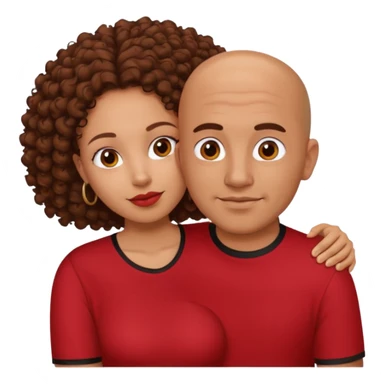 A picture of a tanned couple embracing. the guy is Mexican, with a bald hair cut and he is wearing a red shirt. the girl is mixed, the girl is wearing a black shirt, the girl has brown curly big hair and with big boobs  sticker