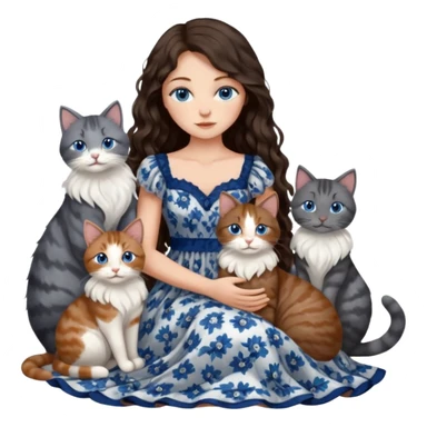 detailed realistic looking a dark grey and white cat regally sitting with six other cats, cuddling with their owner who is a pretty bratz lightly tanned white girl with long dark brown hair, blue eyes and gorgeous long wavy hair wearing a pretty detailed dress sticker