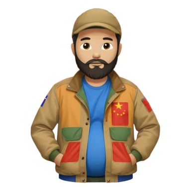 Bearded man rubbing pregnant belly poking out of a chinese flag shirt wearing a tan canvas carhartt jacket sticker