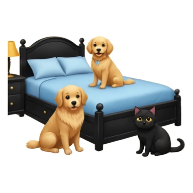 golden retriever and black cat in a bedroom sticker