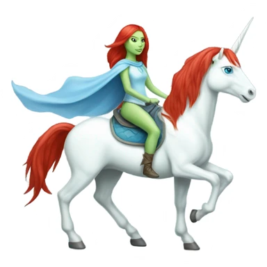 [
	{ a light green Amazon alien woman [ with red hair, with blue eyes]} 
	on a 
	[{ unicorn: white, six-legged, mane: light blue }] sticker
