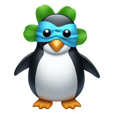 penguin holding a four leaf clover with a blue sleep mask on its head  sticker