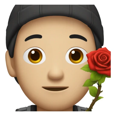 an asian man with a "D" written cap holds a black rose sticker