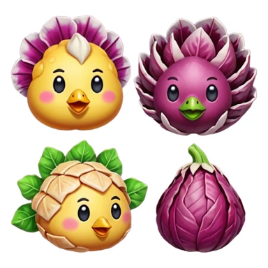 crea emote pack con sfondo trasparente e dimensioni 28x28 56x56 e 112x112 ognuna già con tutte e tre le dimensioni staccate dalle altre con tema radicchi e polli in stile gamer con parole da gaming in font bold colore arcobaleno diverso ad ogni parola sticker