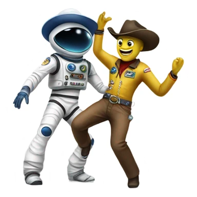Cowboy in spacesuit dancing with an alien sticker