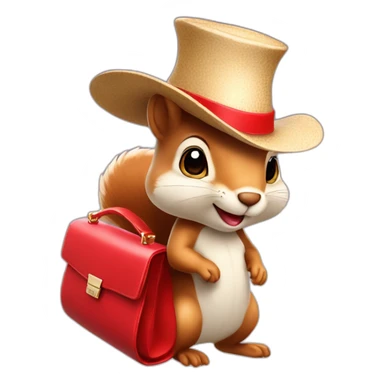 a squirrel in a hat with a wide brim a beautiful dress and with plump lips and with a fashionable red bag sticker