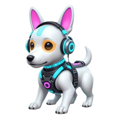cute cyberpunk dog, futuristic headset, neon harness, glowing cyber implants, street punk vibe, 3D cartoon, mobile game icon style, clean background, no text, no watermark
 sticker