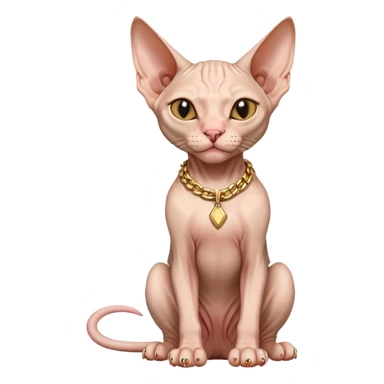 hairless Sphynx cat full body sitting, wearing a gold chain, winking sticker