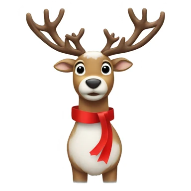 A reindeer in the snow with a red ribbon on its left horn sticker