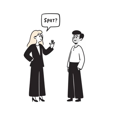 A blonde woman in a black suit talking to a brown-haired man in a white t-shirt. The woman has a speech bubble above her head. The woman is talking and the man is smiling. sticker