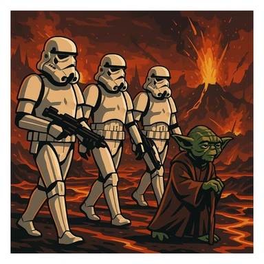 vector art of a Starwars stormtroopers is walking on lava planet with yoda, battleground background 
 sticker