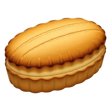 A madeleine pastry. Scalloped oval seashell shape with ONLY four to five vertical lines going in the same direction. Light golden brown. Scalloped edge. Cookie. Flat. Long. Oval shape. Lets scallops. sticker