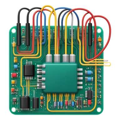 An icon featuring a circuit board, electrical wires, symbolizing electrical engineering. The design includes resistors, capacitors, and a power transformer, representing the study of electrical systems and innovation. Transparent background highlights modern electrical technology sticker