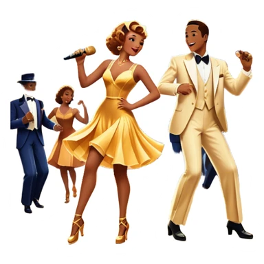 Vintage movie poster-style icon for a musical film. A vibrant street scene with bright lights, dancers mid-step, a singer with a microphone, and a jazz band playing. The cityscape glows in the background, evoking the golden era of musicals. Transparent background. sticker