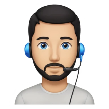 Man 30, black short hair, blue eyes and black short bears, on earpiece sticker