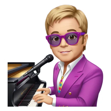Pop music icon: Elton John at the piano in signature glasses and colorful outfit, George Michael holding a microphone in stylish attire. Stage lights and musical notes in the background. Transparent background. sticker