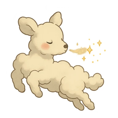 vanilla-colored cloud doe, floating with rosy cheeks and blowing sparkles, ghibli style sticker