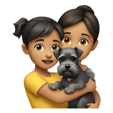A tweety four-year-old girl with dark hair and brown eyes in a light brown T-shirt and black leggings hugs a gray miniature Schnauzer dog sticker