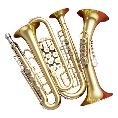 Create a festive and elegant emoji collage featuring a bouquet or fan of bells of wind instrument  (trumpets, saxophones, trombones, tubes, etc.) arranged in a radiant, symmetrical pattern. The instruments should have polished, golden and silver finishes, with their large, shiny bells forming a beautiful, fan-like display. Include a flowing ribbon of musical notes swirling through the center, conveying movement and melody. The background should feature a deep red velvet texture, adding a touch of luxury and sophistication. The overall composition should be balanced, with an elegant and regal feel, with a transparent background to keep focus on the instruments and musical elements. sticker