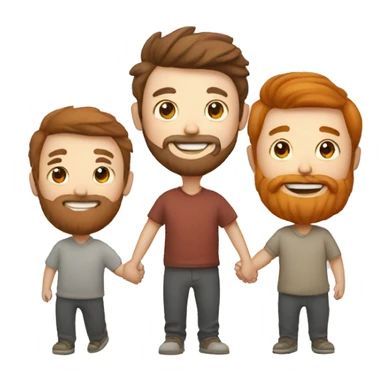 three happy men holding hands, the one in the middle has a red beard and brown hair, one is asian, two are white sticker