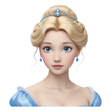 Cinematic Realistic Cinderella Portrait, depicted with lifelike skin texture, subtle rosy undertones, and soft natural lighting that enhances the gentle contours of her face. Her intricately detailed golden blonde hair is elegantly styled in an updo, with delicate wisps framing her face. Her deep, expressive blue eyes radiate warmth and sincerity, reflecting a quiet resilience and grace. She holds a glass slipper gently in one hand, her other hand resting gracefully at her side, emphasizing the timeless beauty of the moment. She is dressed in her iconic ball gown, the fabric shimmering with intricate embroidery and fine translucent layers that catch the light beautifully. The soft sheen of satin gloves adds a magical touch to her graceful pose. The portrait features an enchanting glow with a natural, luminous finish, seamlessly blending realism and fairytale charm to evoke a sense of depth, elegance, and timeless beauty. sticker