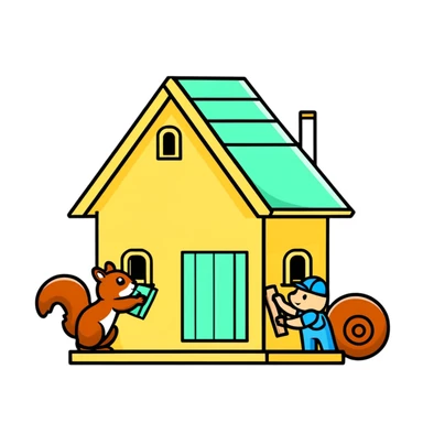 squirrel hut under construction with four workers sticker