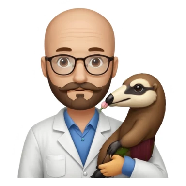 A bald veterinarian with a beard and glasses, mustache holding an the animal is "anteater" oso hormiguero  sticker