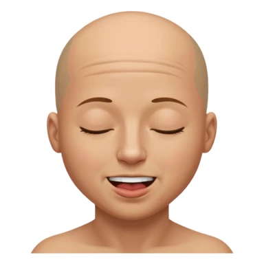 bald emoji tucking back non existing hair biting one side of bottom like looking down eyes closed sort of smiling sticker