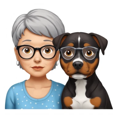 ONE Pit bull Rottweiler mix with white muzzle and spots on muzzle next to ONE older woman with really short grey hair and brown eyes sticker