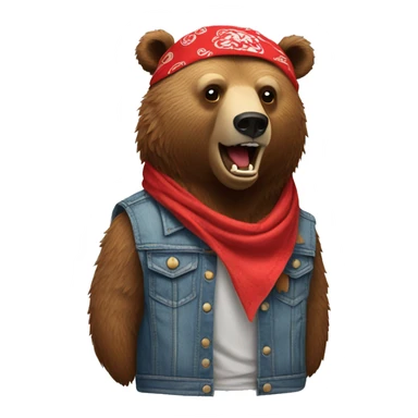 grizzly bear wearing sleeveless jean jacket and red bandana around head with open mouth sticker