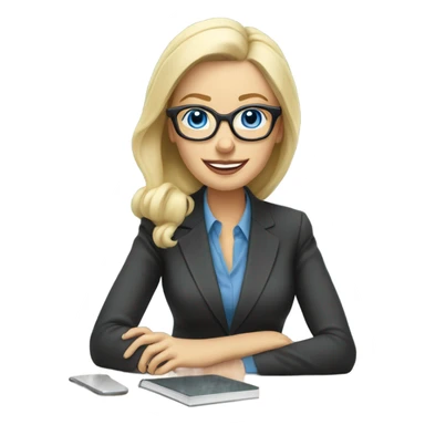 Corporate blonde boss lady with glasses happy blue eyes sitting at a desk drinking coffee  sticker