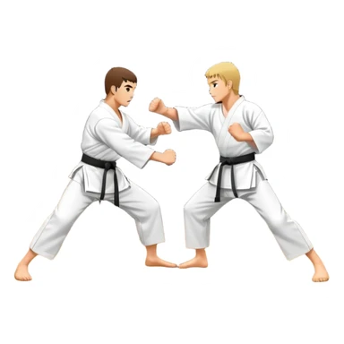 An icon representing traditional Karate, featuring two opponents in a martial arts dojo. One is performing a powerful punch, while the other defends with a block. The background showcases a classic dojo setting with wooden floors and sliding doors. Transparent background sticker