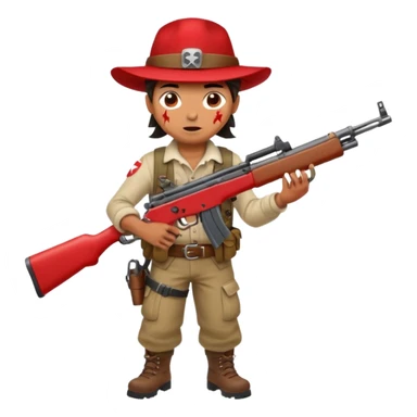 Yodeling mountain climber in Switzerland with a machine gun pointing to the right, full body. in the style of your bleeding skull art make him look like the price is right game sticker