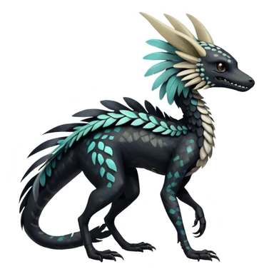 Rare realistic tribal patterned whitish pastel colorful iridescent shiny glossy feathery epic handsome gorgeous aesthetic black-skulled Vernid-Trico-Sergal-Salandit-Nargacuga-species-Fakemon-creature by LiLaiRa, 4 legs, 1 tail, random markings, (full body) long ears sticker