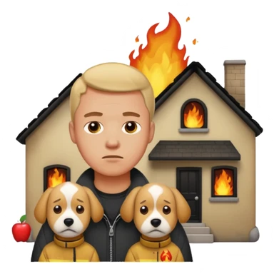 sad man standing with a house on fire behind him, pet dog beside him, apple style emoji sticker