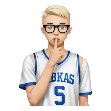 a man with glasses holding his finger to his lips, techwear fashion, at a fashion shoot, white: 0.5, fornite, wearing nba jersey, censored, maxim sukharev, official vuitton editorial, skinny caucasian young man, secrets, editorial photo, discord profile picture, swat sticker